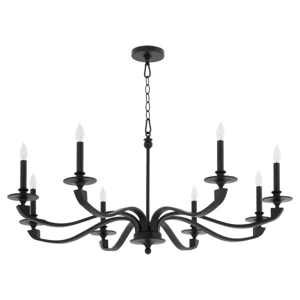 The Chantelle chandelier reimagines Gothic Revival for contemporary spaces with its dramatic sweeping arms, oversized bobeche, and clean candelabra silhouette. The matte black finish adds sophisticated edge to any room needing drama.