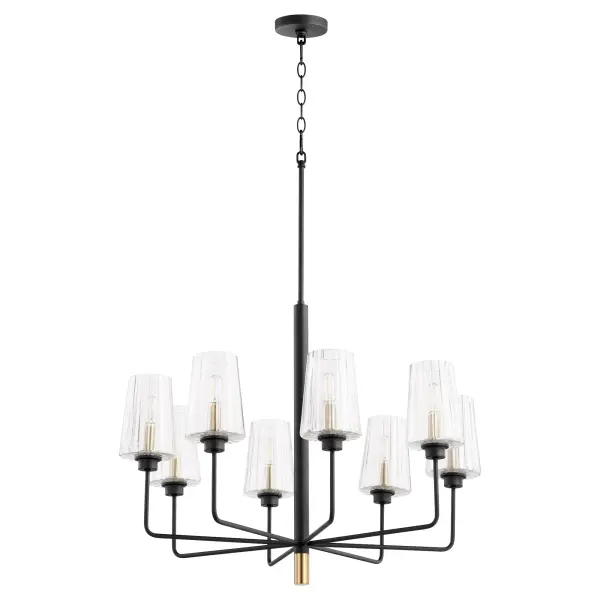 The Dalia chandelier combines minimalist design with soft angular curves, featuring an elegant Aged Brass and Noir finish. Eight tulip-shaped clear fluted glass shades provide ample illumination while the damp rating makes it versatile for both indoor and covered outdoor spaces.