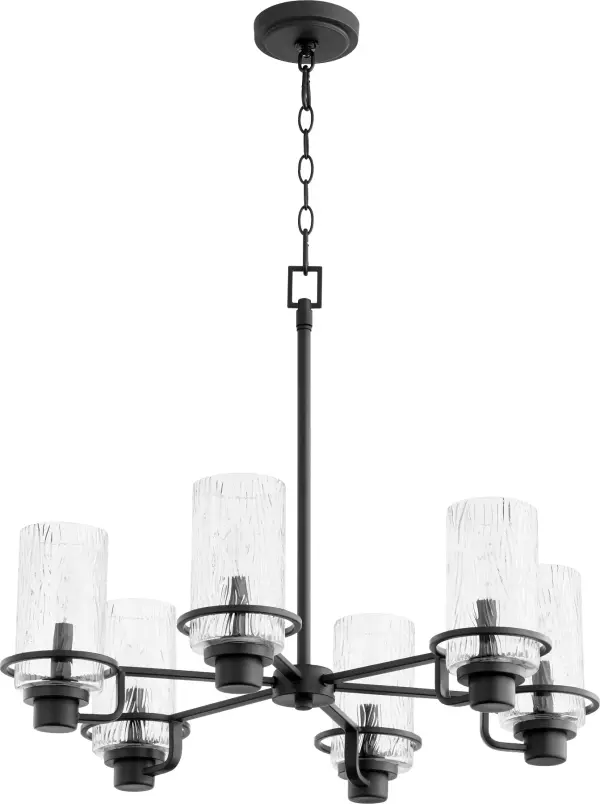 The Lazo chandelier reimagines the classic wagon wheel silhouette with contemporary styling. Featuring six cylindrical chiseled glass shades and interchangeable socket cup decos in Noir, Satin Nickel, and Aged Brass for personalized styling.