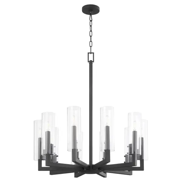 The Harbin 10-light chandelier makes a striking statement with its strong linear architecture and sleek cylindrical clear glass shades. The textured black finish adds industrial edge while maintaining modern sophistication.