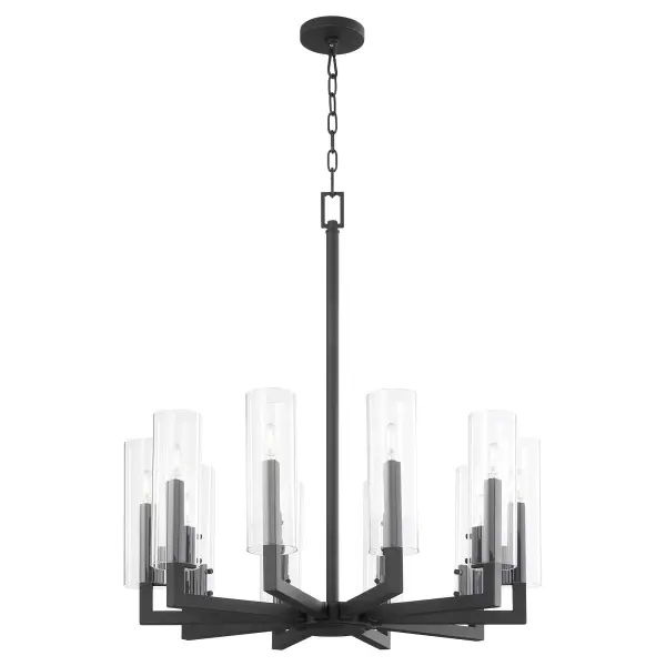 The Harbin 10-light chandelier makes a striking statement with its strong linear architecture and sleek cylindrical clear glass shades. The textured black finish adds industrial edge while maintaining modern sophistication. - alternate view