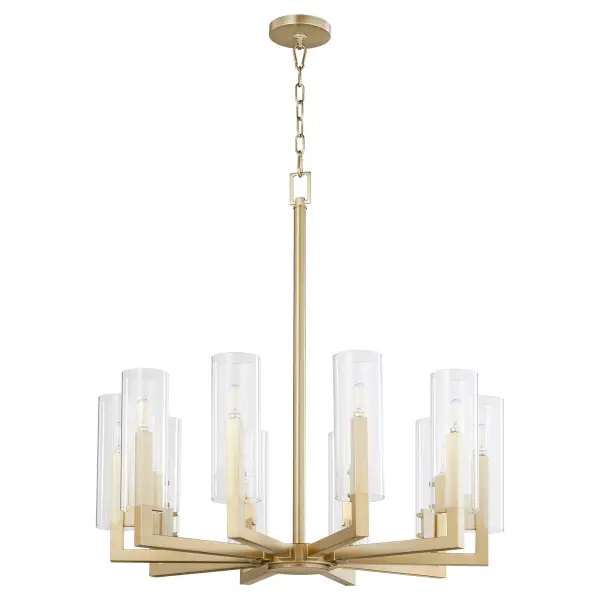 The Harbin 10-light chandelier makes a striking statement with its strong linear architecture and sleek cylindrical clear glass shades. The aged brass finish adds warmth and sophistication, perfect for contemporary and transitional spaces.