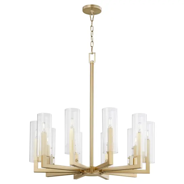 The Harbin 10-light chandelier makes a striking statement with its strong linear architecture and sleek cylindrical clear glass shades. The aged brass finish adds warmth and sophistication, perfect for contemporary and transitional spaces. - alternate view