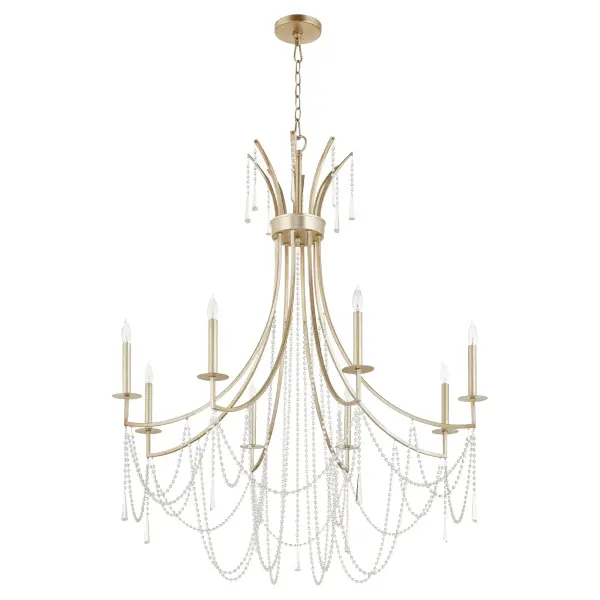 The Malin chandelier combines aged silver leaf frames with clear crystal beads and classic crystal accents, creating a sophisticated light display. Its blend of soft curves and angular details makes it versatile for both traditional and contemporary spaces.