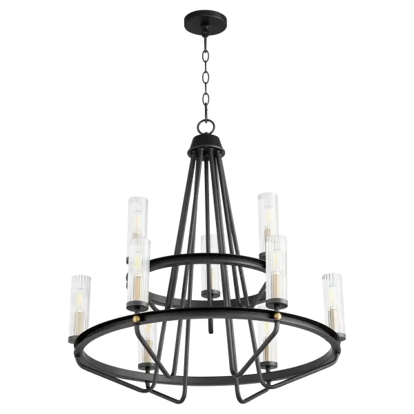 The Empire Chandelier delivers grand-scale illumination with its two-tier design and 9-light configuration. The striking black and aged brass finish combination creates visual depth while the expansive frame ensures even light distribution across large spaces.