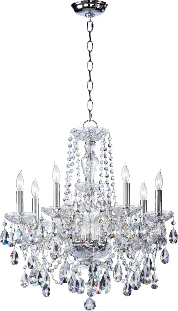 The Katrina 8-light chandelier delivers classic grandeur with cascading faceted crystal beads and teardrop pendants. Its polished chrome finish and candelabra design create a stunning focal point that elevates formal spaces with luxurious sparkle.