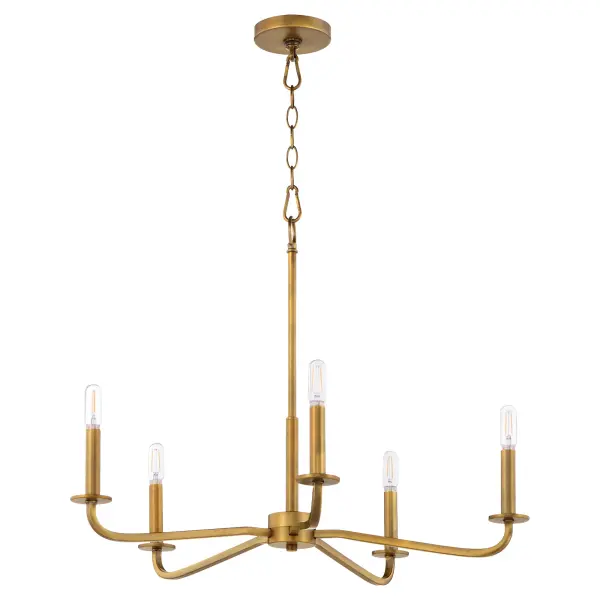 The Rutherford 5-Light Chandelier delivers understated sophistication with its clean lines and warm brushed brass finish. Satin opal glass shades provide soft, diffused lighting perfect for dining and living spaces.