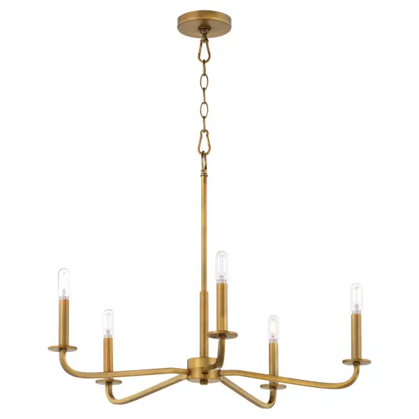 The Rutherford 5-Light Chandelier delivers understated sophistication with its clean lines and warm brushed brass finish. Satin opal glass shades provide soft, diffused lighting perfect for dining and living spaces. - alternate view