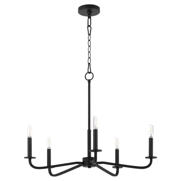 The Rutherford 5-Light Chandelier masterfully blends historical charm with contemporary minimalism. Its clean lines and matte black finish paired with satin opal glass shades create understated sophistication perfect for modern homes.