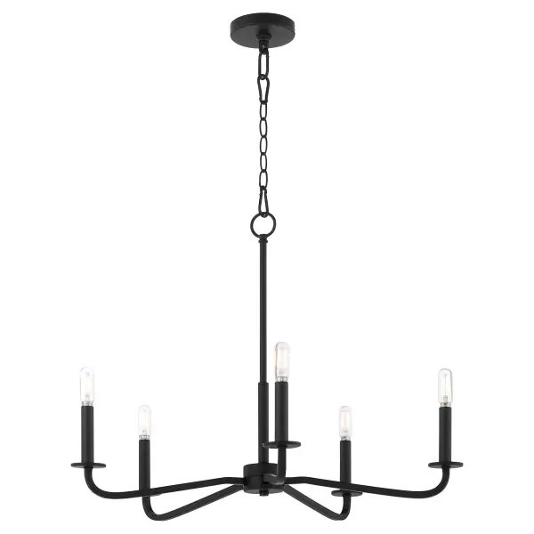 The Rutherford 5-Light Chandelier masterfully blends historical charm with contemporary minimalism. Its clean lines and matte black finish paired with satin opal glass shades create understated sophistication perfect for modern homes. - alternate view