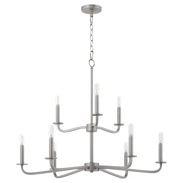 The Rutherford chandelier delivers understated sophistication with its clean lines and satin opal glass shades. This 9-light fixture blends historical charm with contemporary sensibility, making it versatile for both traditional and modern interiors.