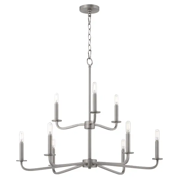 The Rutherford chandelier delivers understated sophistication with its clean lines and satin opal glass shades. This 9-light fixture blends historical charm with contemporary sensibility, making it versatile for both traditional and modern interiors. - alternate view