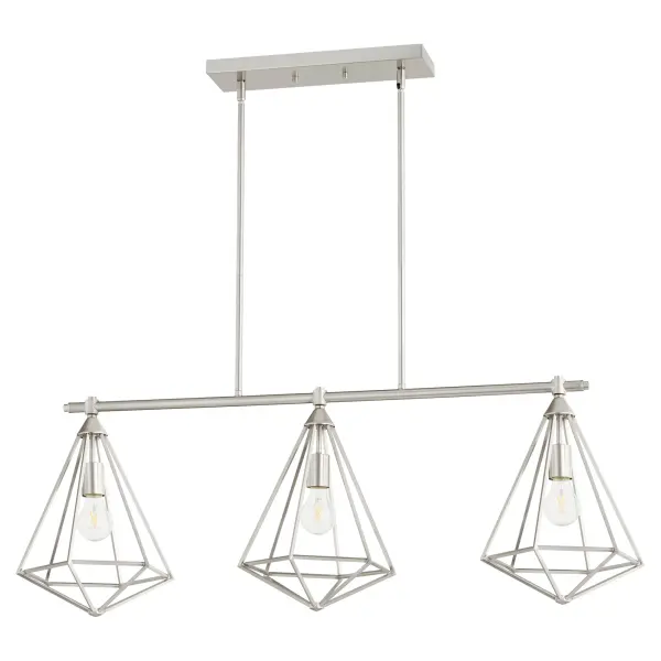 The Bennett 3-Light Island fixture blends Art Deco elegance with contemporary minimalism. Its slender metal frame and exposed bulbs create visual interest while the satin nickel finish adds sophistication to any space.
