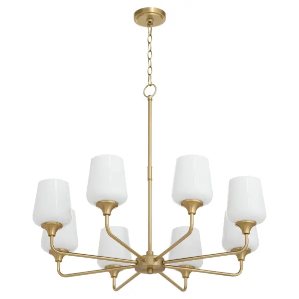 The Raymond chandelier combines soft opal glass shades with delicate lines and an aged brass finish for versatile transitional style. Perfect for homebuilders and designers seeking classic elegance with modern appeal.