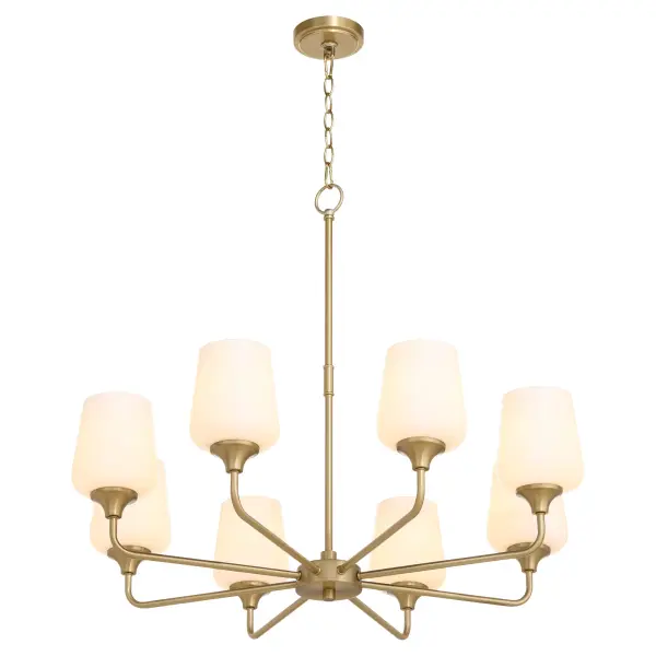 The Raymond chandelier combines soft opal glass shades with delicate lines and an aged brass finish for versatile transitional style. Perfect for homebuilders and designers seeking classic elegance with modern appeal. - alternate view