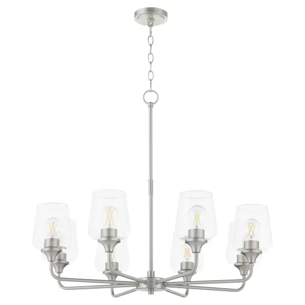 The Raymond chandelier combines simple elegance with practical functionality. Its satin nickel finish and clear glass shades create a versatile look that works in both traditional and contemporary spaces.