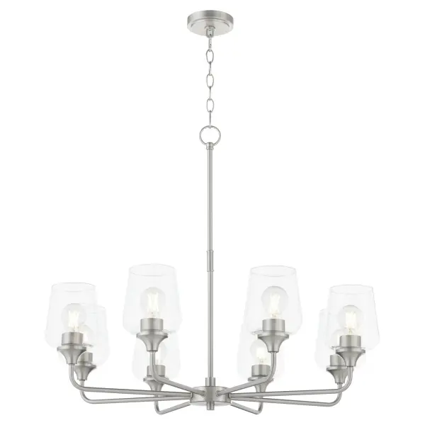 The Raymond chandelier combines simple elegance with practical functionality. Its satin nickel finish and clear glass shades create a versatile look that works in both traditional and contemporary spaces. - alternate view