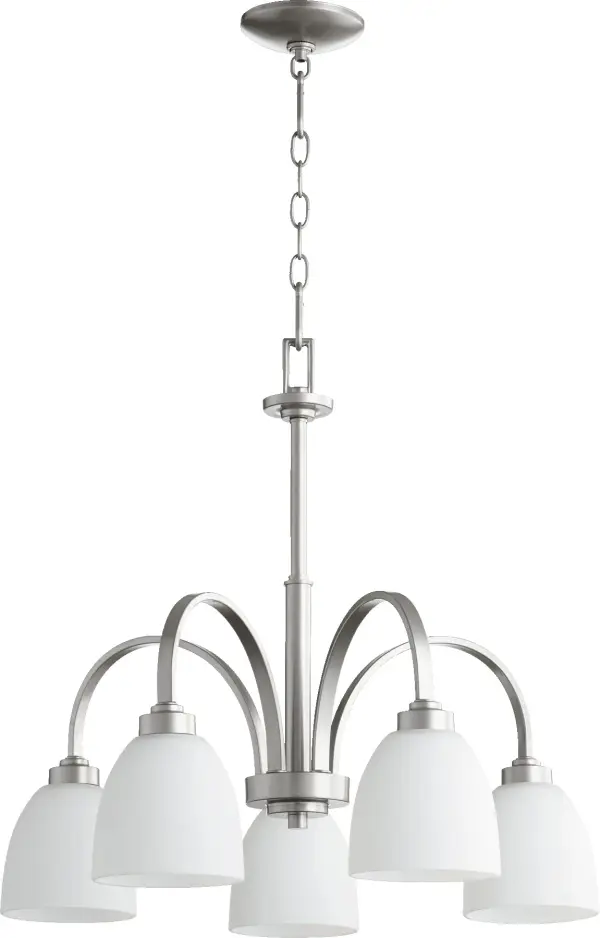 The Reyes 5-Light Chandelier combines sleek transitional design with timeless Classic Nickel finish. Its clean lines and elegant silhouette make it adaptable to various aesthetics while maintaining a distinctive presence.
