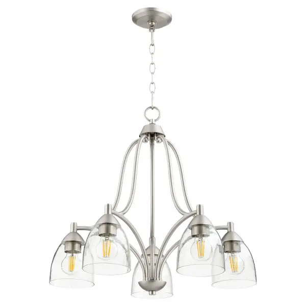 The Barkley chandelier combines organic tube frames with opal glass shades for a versatile design that bridges traditional and contemporary styles. Its satin nickel finish and symmetrical profile make it adaptable to various interior aesthetics.