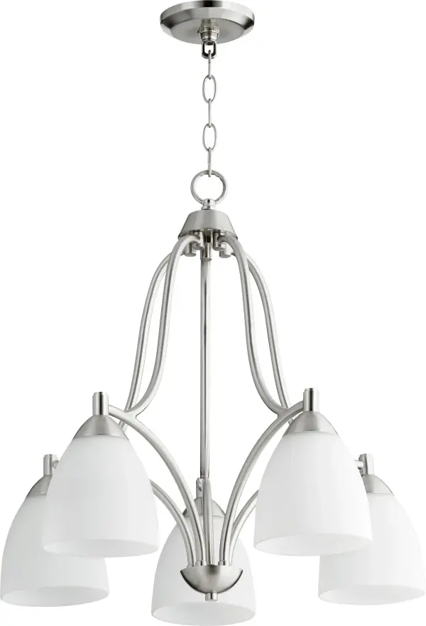 The Barkley chandelier combines organic tube frames with clean glass shades for a sophisticated look that bridges traditional and contemporary styles. Its 5-light configuration and satin nickel finish offer versatile elegance.