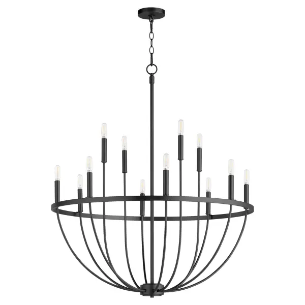 The Tribute chandelier combines classic comfort with modern restraint, featuring 12 clear glass shades on a linear matte black frame. Its indoor/outdoor rating and timeless design make it exceptionally versatile.