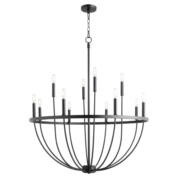 The Tribute chandelier combines classic comfort with modern restraint, featuring 12 clear glass shades on a linear matte black frame. Its indoor/outdoor rating and timeless design make it exceptionally versatile. - alternate view