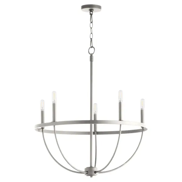 The Tribute 5-Light Chandelier combines classic comfort with contemporary clean lines. Its satin nickel finish and clear glass shades create an effortless, understated elegance suitable for both indoor and outdoor spaces.
