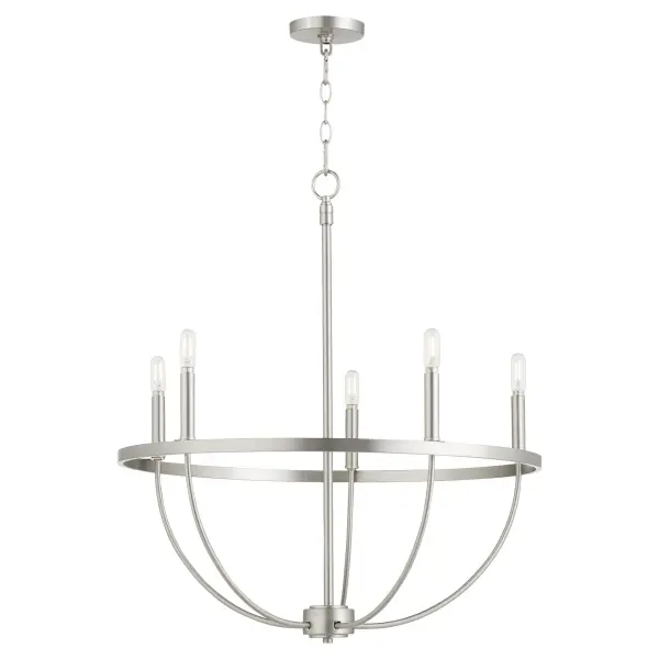 The Tribute 5-Light Chandelier combines classic comfort with contemporary clean lines. Its satin nickel finish and clear glass shades create an effortless, understated elegance suitable for both indoor and outdoor spaces. - alternate view