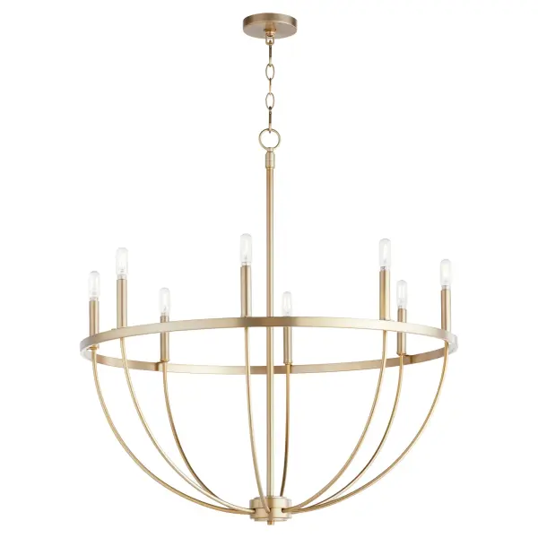 The Tribute chandelier combines timeless design with contemporary sensibility through its linear frame and clear glass shades. The aged brass finish adds warmth while maintaining versatility for both indoor and outdoor applications. - alternate view