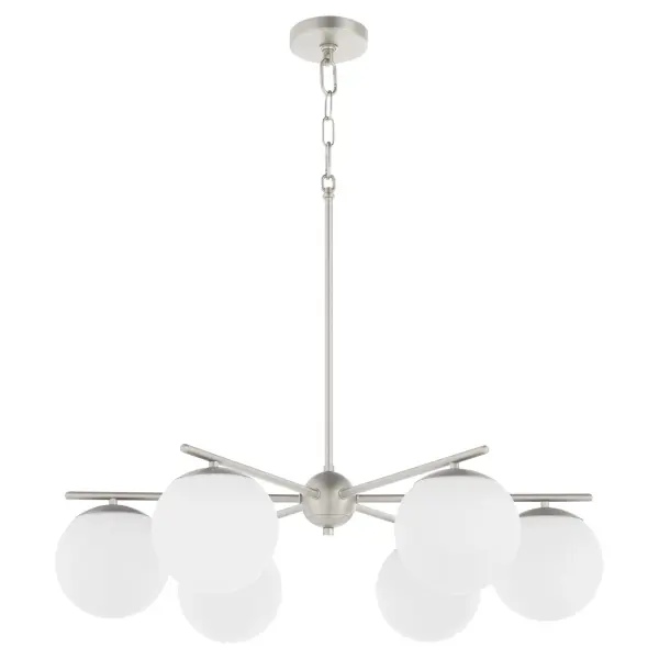 The Jasper 6-Light Chandelier brings modern sophistication with its geometric hub-and-spoke design and round globe shades. The satin nickel finish offers versatile appeal, while the clean symmetry suits contemporary interiors.