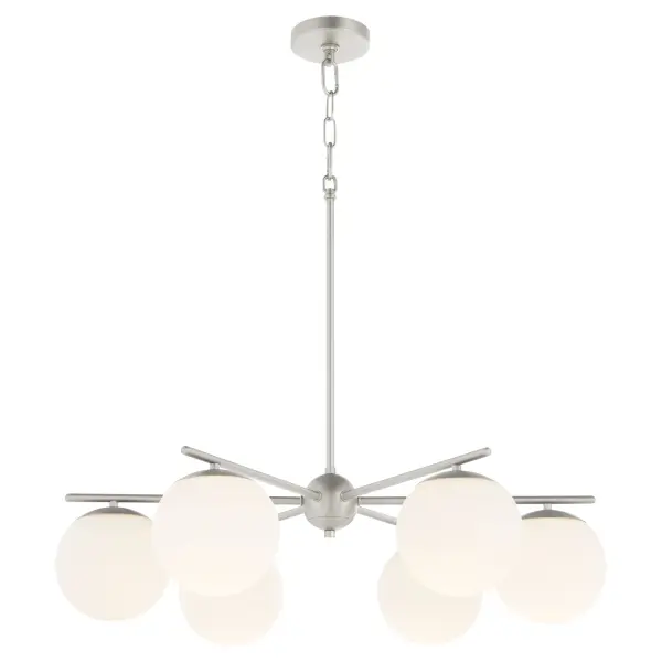 The Jasper 6-Light Chandelier brings modern sophistication with its geometric hub-and-spoke design and round globe shades. The satin nickel finish offers versatile appeal, while the clean symmetry suits contemporary interiors. - alternate view