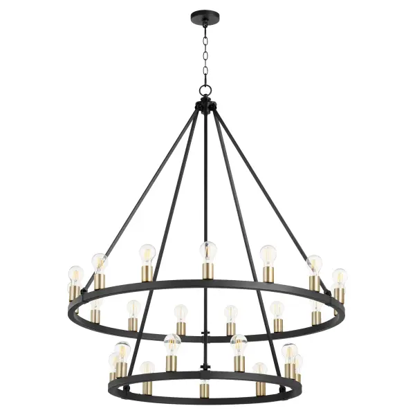 The Paxton wagon wheel chandelier makes a dramatic impact with 24 lights arranged in a geometric conical design. Two-tone noir and aged brass finishes create visual interest while stone seeded glass shades add rustic texture. Damp-rated for versatility.