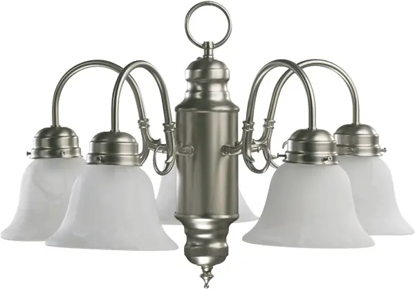 This 5-light chandelier blends farmhouse warmth with industrial edge through its satin nickel finish and bell-shaped glass shades. Perfect for casual dining spaces, it delivers soft, diffused light with timeless appeal.