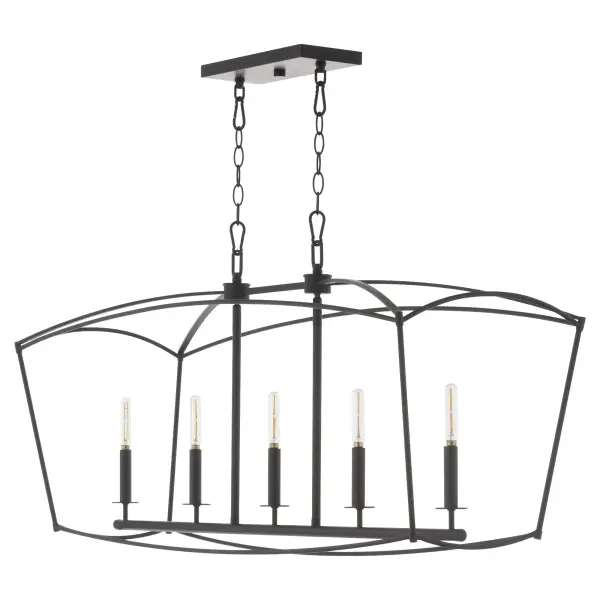The Mantle 5-Light Linear combines classic architectural form with modern linear design. Its pentagonal cage housing creates a unique house-shaped silhouette, while five candelabra lights on curved rods provide warm, inviting illumination.