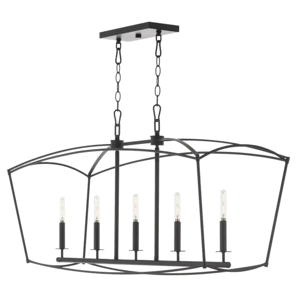 The Mantle 5-Light Linear combines classic architectural form with modern linear design. Its pentagonal cage housing creates a unique house-shaped silhouette, while five candelabra lights on curved rods provide warm, inviting illumination. - alternate view