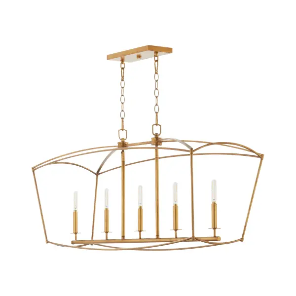 The Mantle 5-Light Linear Chandelier combines classic architectural form with contemporary linear styling. Its unique pentagonal cage design creates visual interest while five candelabra lights provide warm, inviting illumination.