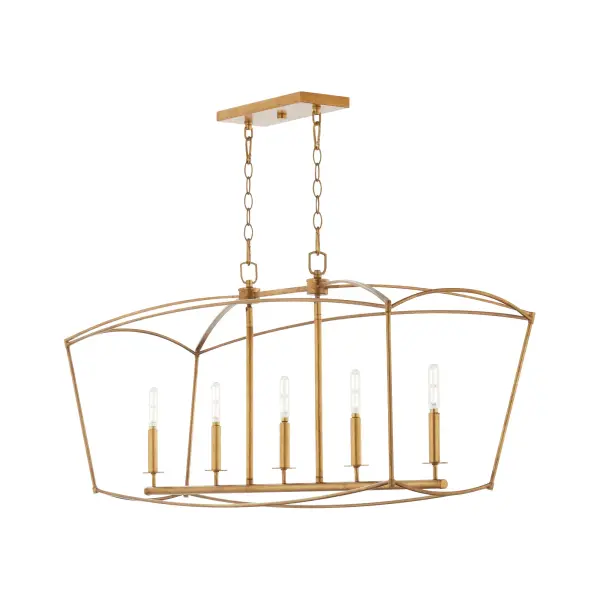 The Mantle 5-Light Linear Chandelier combines classic architectural form with contemporary linear styling. Its unique pentagonal cage design creates visual interest while five candelabra lights provide warm, inviting illumination. - alternate view