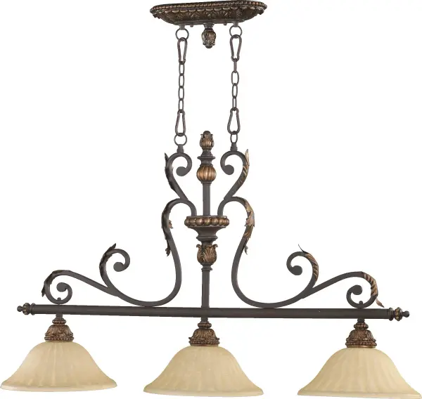 The Rio Salado brings formal elegance with its intricate ironwork structure in Toasted Sienna, accented by Mystic Silver highlights. This 3-light linear pendant delivers traditional sophistication perfect for dining spaces and kitchen islands.
