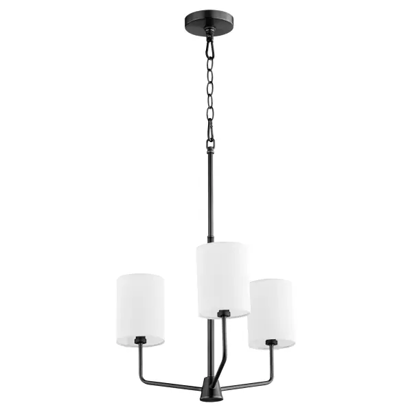 The Harmony 3-Light Chandelier combines clean linear profiles with transitional styling, offering flexibility to display with or without included white linen shades. Its matte black finish provides modern sophistication.