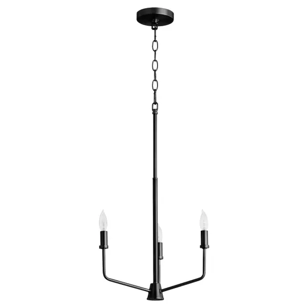 The Harmony 3-Light Chandelier combines clean linear profiles with transitional styling, offering flexibility to display with or without included white linen shades. Its matte black finish provides modern sophistication. - alternate view