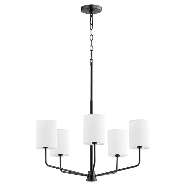 The Harmony 5-Light Chandelier combines clean linear profiles with transitional styling, offering flexibility to display with or without white linen shades. Its matte black finish and modest design make it adaptable to various interior styles.