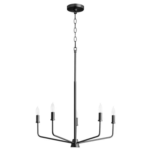 The Harmony 5-Light Chandelier combines clean linear profiles with transitional styling, offering flexibility to display with or without white linen shades. Its matte black finish and modest design make it adaptable to various interior styles. - alternate view