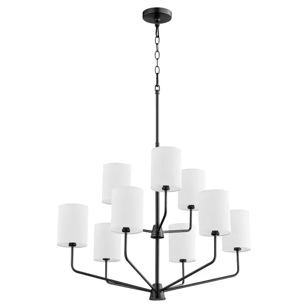 The Harmony 9-Light Chandelier combines clean linear design with transitional elegance. Its strong geometric frame in matte black finish offers flexibility with removable white linen shades, making it adaptable to various design aesthetics from modern to traditional.