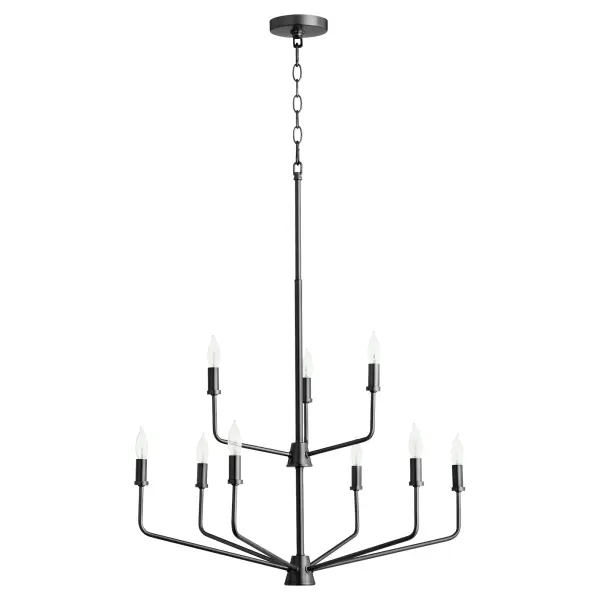 The Harmony 9-Light Chandelier combines clean linear design with transitional elegance. Its strong geometric frame in matte black finish offers flexibility with removable white linen shades, making it adaptable to various design aesthetics from modern to traditional. - alternate view