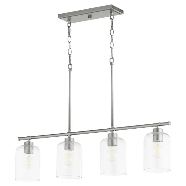 The Tribute 4-Light Linear Pendant combines timeless design with contemporary versatility. Clear glass shades and smooth curves in satin nickel create an understated elegance suitable for both indoor and outdoor spaces.
