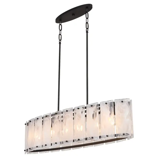 The Prestige linear chandelier makes a bold architectural statement with its chiseled ice-like alabaster glass panels and angular matte black frame. Six candelabra lights create dramatic radiance perfect for kitchen islands and dining tables. - alternate view