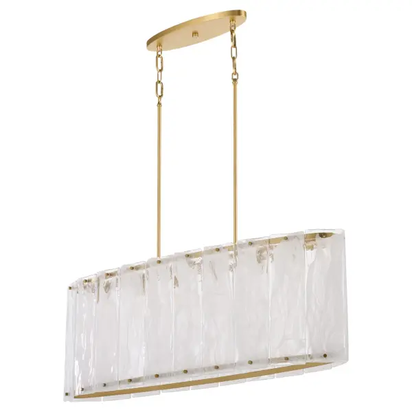 The Prestige Linear Chandelier makes a bold statement with its chiseled ice-inspired clear alabaster glass panels set in an aged brass frame. Six candelabra lights create spectacular radiance through the glacier-like diffusers, perfect for modern dining rooms and kitchen islands.