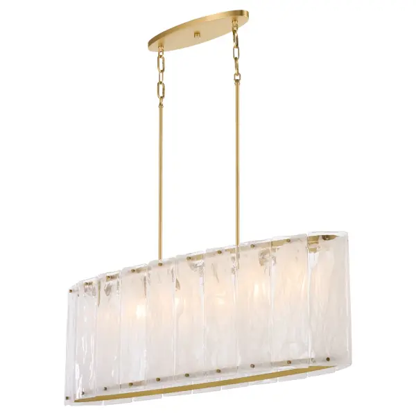 The Prestige Linear Chandelier makes a bold statement with its chiseled ice-inspired clear alabaster glass panels set in an aged brass frame. Six candelabra lights create spectacular radiance through the glacier-like diffusers, perfect for modern dining rooms and kitchen islands. - alternate view