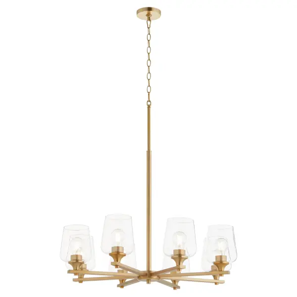 The Veno 8-Light Chandelier combines traditional appeal with contemporary angular frames and clear glass shades. Its aged brass finish adds warmth and sophistication to dining rooms and foyers. - alternate view