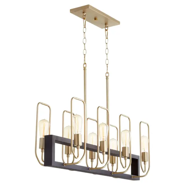 The Howe 8-light linear chandelier features a distinctive geometric design with clean lines and a striking black and aged brass finish. Perfect for modern dining spaces and commercial interiors seeking contemporary sophistication. - alternate view